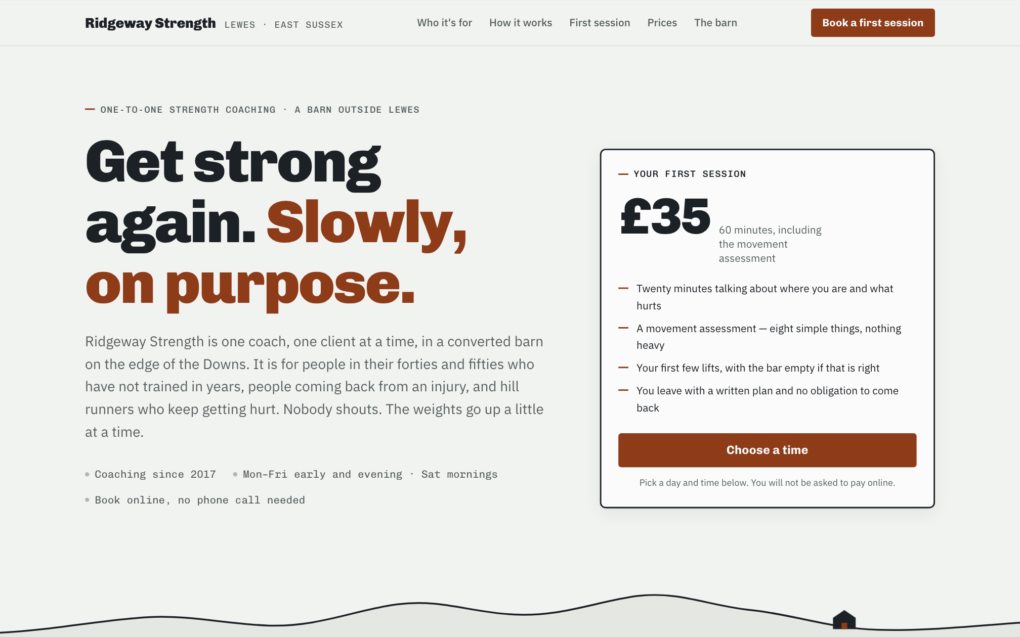 The Ridgeway Strength example site, showing a headline reading Get strong again, slowly, on purpose