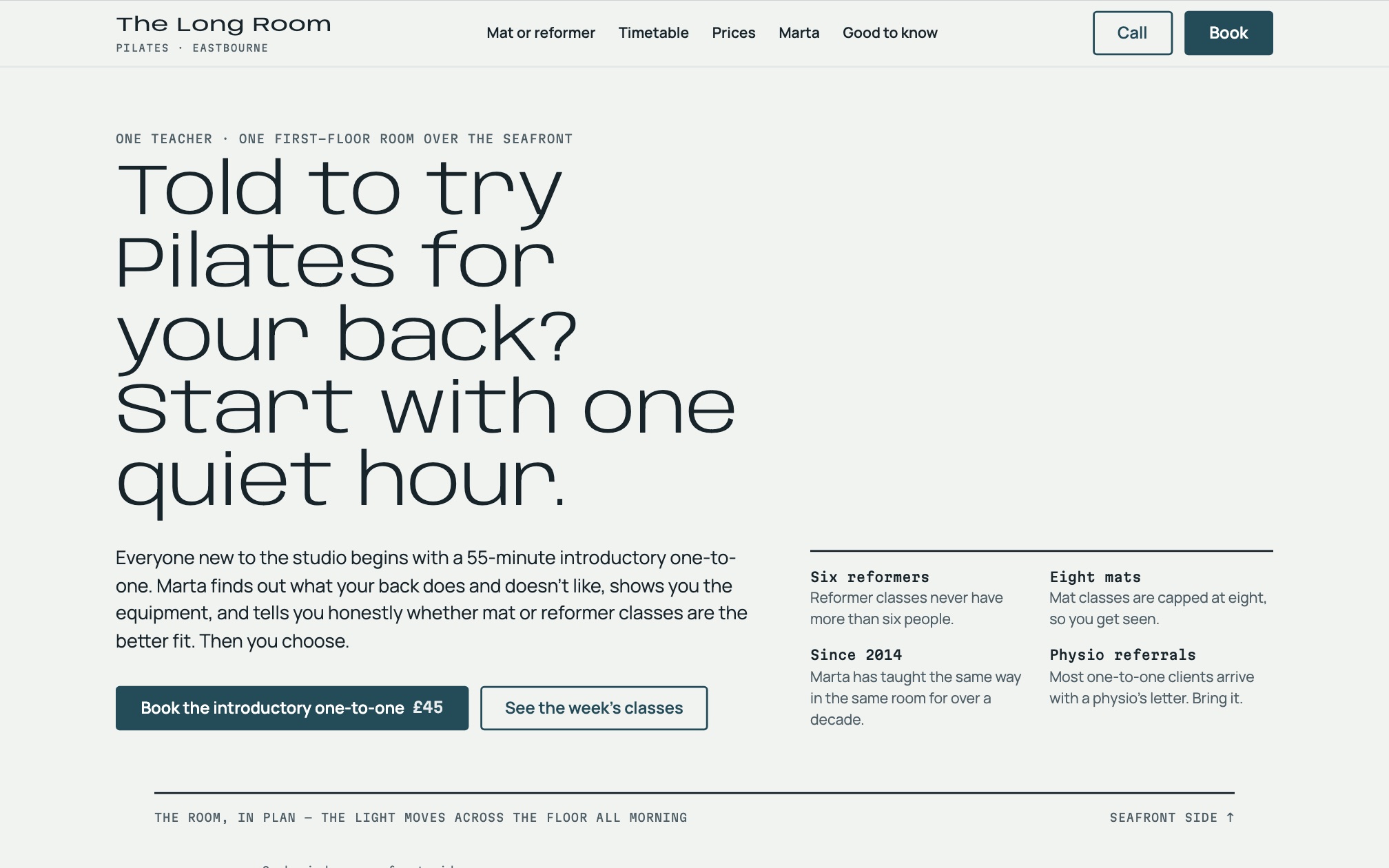 The Long Room example site, showing a headline reading Told to try Pilates for your back? Start with one quiet hour